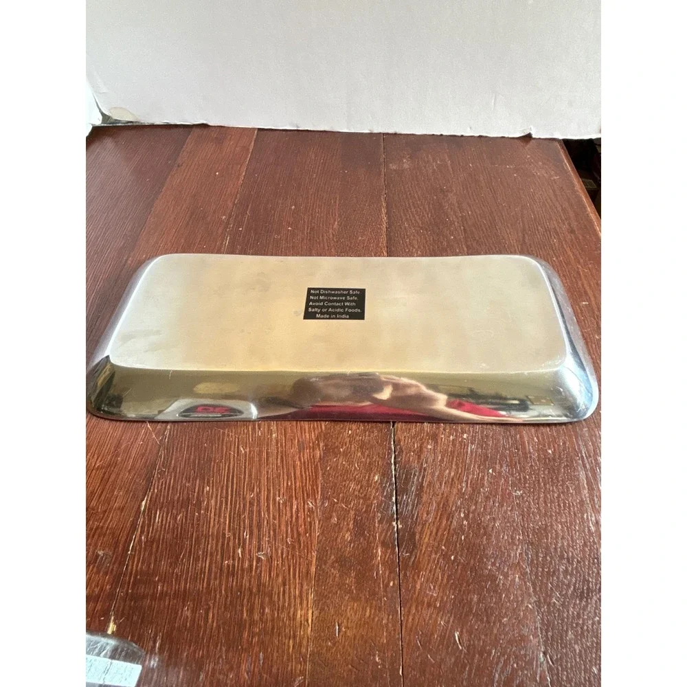 Red Enamel Metal Serving Tray Rectangular Silver Trim Holiday Decor‎ 14.5 Inch